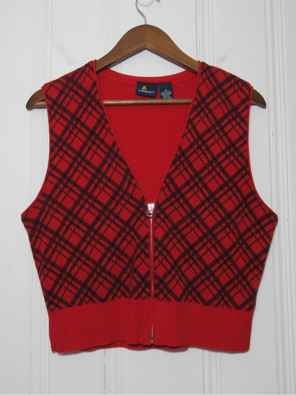 Liz Claiborne Red Plaid V‑Neck Zip Front Sweater Vest Size Medium Academia